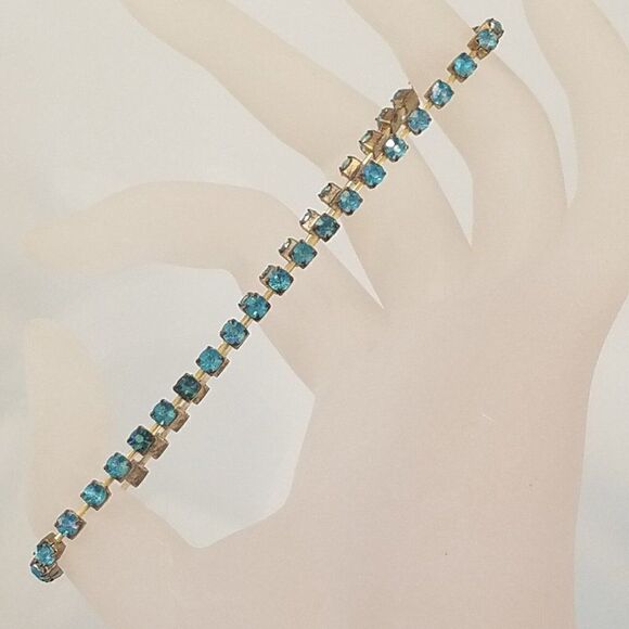 Rhinestone Chain Stretch Bracelet Blue Tennis Vintage - Picture 4 of 9